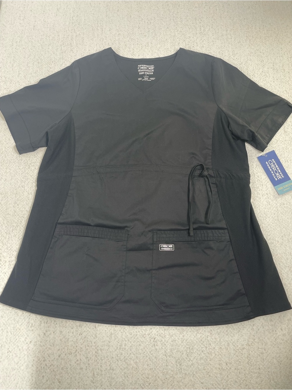 Cherokee Workwear Stretch Maternity Scrub Top V-Neck Short Sleeve Black Lg.#0648